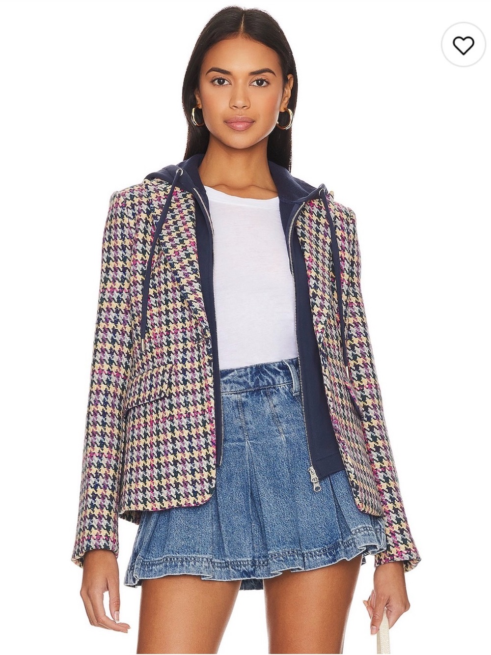 Anthropologie Multicolor Houndstooth Blazer with Navy Hood